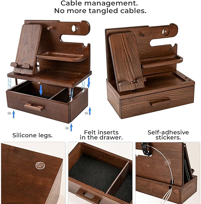 TESLYAR Wood Phone Docking Station with Drawer - Nightstand Organizer - Desk Organizer for Husband - Birthday Gifts for Men Dad Anniversary Idea Key Holder Stand Watch &amp Accessories (Bourbon Br