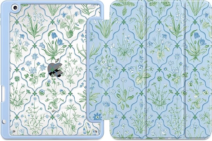 DONGKE for iPad 9th/8th/7th Generation Case 10.2 Inch (2021/2020/2019) [Auto Sleep/Wake &amp Pencil Holder] Clear Acrylic Back Trifold Stand Cover Lattice Floral