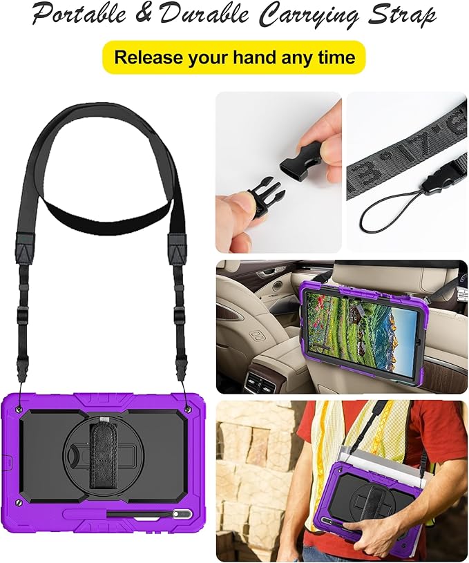 Tablet Case for Samsung Galaxy Tab S8 Plus/S7 FE/S7 Plus 12.4 [Shockproof] with Tempered Glass Screen Protector Rotating Kickstand/Hand &amp Shoulder Strap/S Pen Holder (Purple)