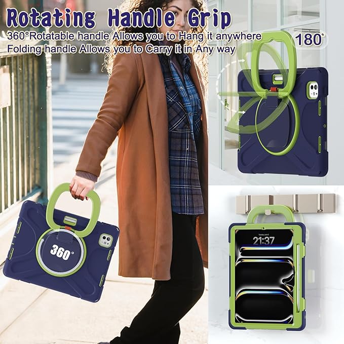 TSQQST Case for iPad Pro 11 Inch M5 2025/ M4 2024 Heavy Duty Rugged Shockproof Proective Case with Screen Protector Shoulder Strap Pencil Holder 360° Rotating Handle Stand Navyblue Lime