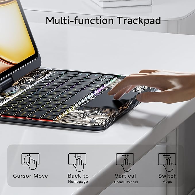Transparent Keyboard Case for iPad 11th Gen 2025 (A16 11) &amp iPad 10th Gen 2022 (10.9) with Multi-Touch Trackpad 360° Rotating Stand 7-Color Backlit Bluetooth Pencil HolderBlack