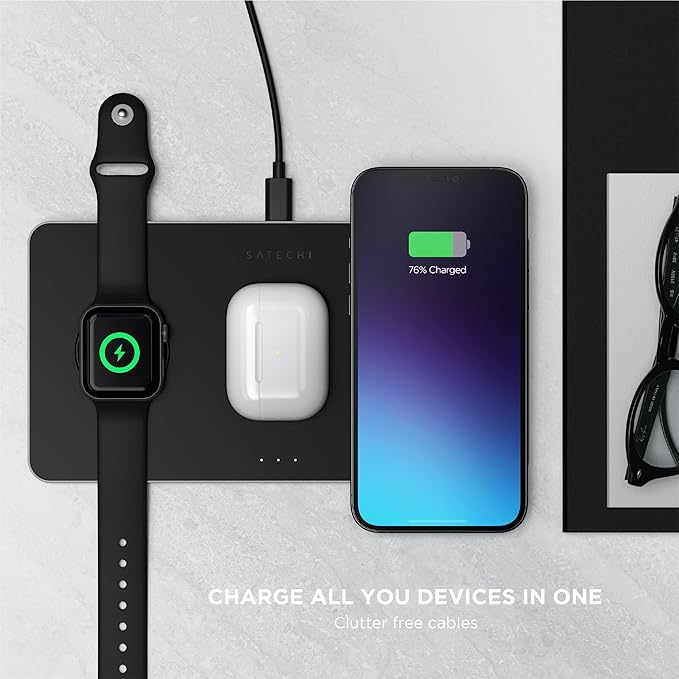 Satechi Trio Wireless Charger with Magnetic Pad Qi Certified Compatible with iPhone 16 Pro Max/16 Pro/16/16 Plus AirPods Pro/Gen 3 Apple Watch Ultra &amp Series (CT-X3TWCPM)