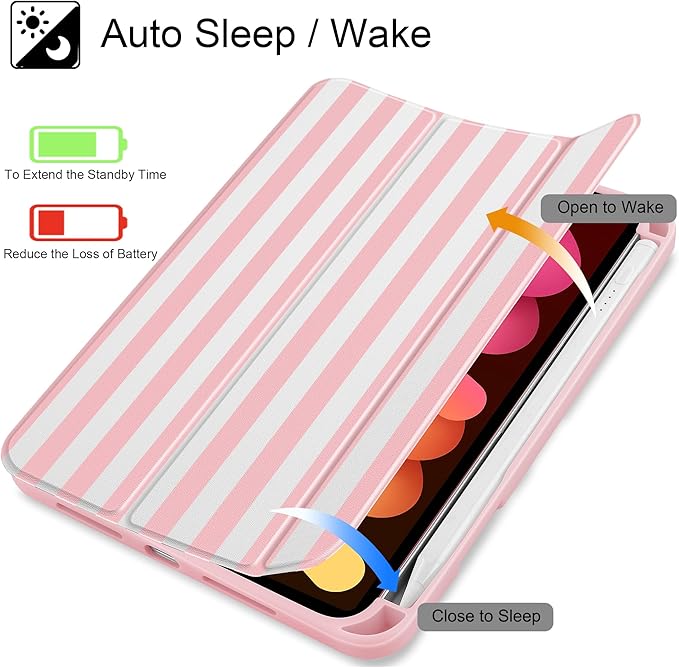 May Chen Slim Case for iPad mini 7 (A17 Pro 7th Generation) 2024 / iPad mini 6 (6th Gen) 8.3 Inch [Built-in Pencil Holder] Shockproof Cover Clear Clear Back Shell Auto Wake/Sleep Pink Stripes