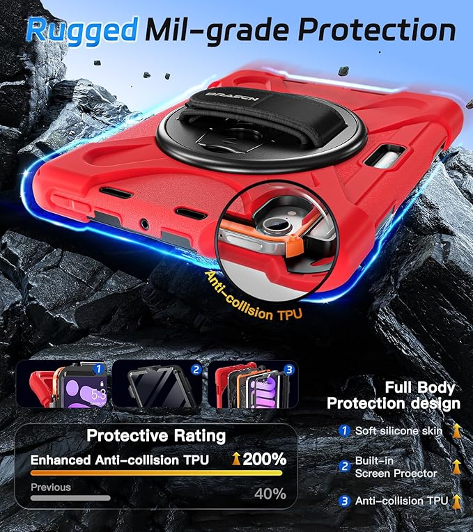 BRAECNstock Case for Apple iPad mini 7 (A17 Pro) 2024/ Mini 6 8.3 Shockproof Protective with Pencil Holder Screen Protector Rotating Hand Strap &amp Stand Kids Case for iPad mini 7th/6th Gen Re