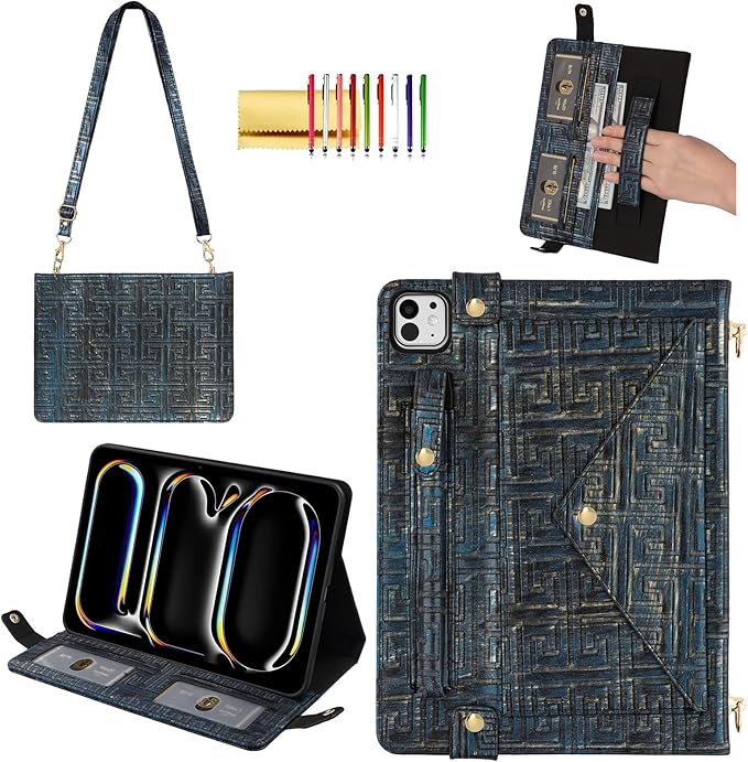 Handbag Case for iPad Pro 13 M5 M4 (2025/2024) - Techcircle Vintage Pattern Crossbody PU Leather Folio Envelope Pocket Stand Cover w/Hand Strap+Shoulder Strap+Pencil Holder+Card Slots Retro Navy