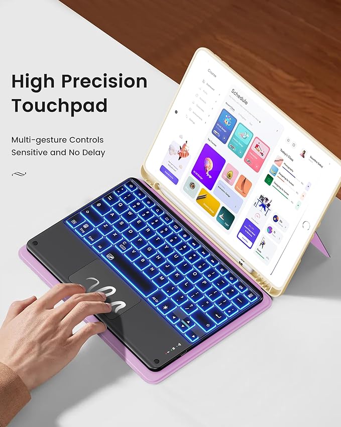 INFILAND Keyboard Case for iPad 9th/8th/7th Generation 10.2 Inch 7-Color Backlight &amp High Precision Trackpad Slim Detachable Folder Style Keyboard Case with Pencil Holder (Lilac Purple)