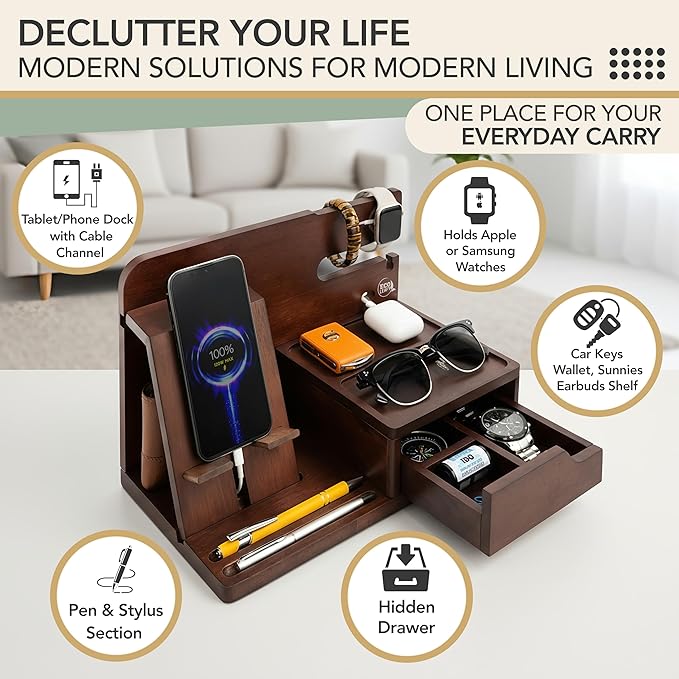 Nightstand Organizer- Bedside Docking Station for Men- Unique Gifts for Husband Father or Dad from Wife Son or Daughter- Desk Organizer for Phone Watches Wallet &amp Accessories (Brown)