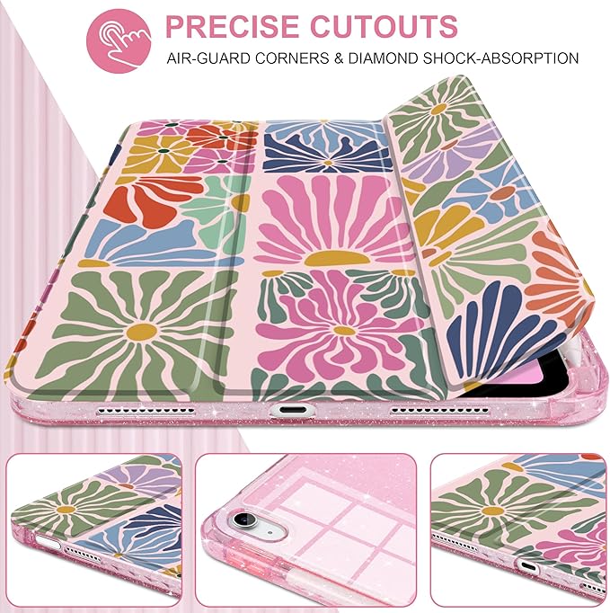 DONGKE for iPad Pro 11 inch Case – Fits M5 2025 / M4 2024 Shockproof Sparkling Glitter Acrylic Back Pencil Holder Trifold Stand Auto Sleep/Wake &amp Touch ID Support - Colorful Florals