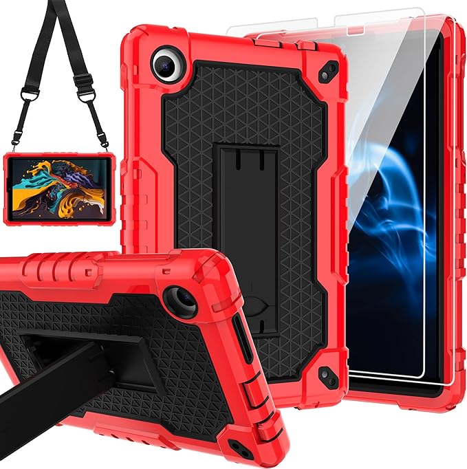 for TCL Tab 8 V/TCL AT&ampT Tab 8 SE (6048E) Tablet Case with Screen ProtectorSoft Silicone Rubber Heavy Duty Hybrid Had Back Shell Protection Build in Kickstand (Red/Black/2 PCS)