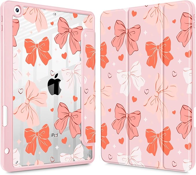for iPad 9th Generation with Pencil Holder iPad 8th/7th Gen Case 10.2-inch [Built in Pencil Holder] Trifold Stand Auto Wake/Sleep Clear TPU Protection Back Cover Bows SD146