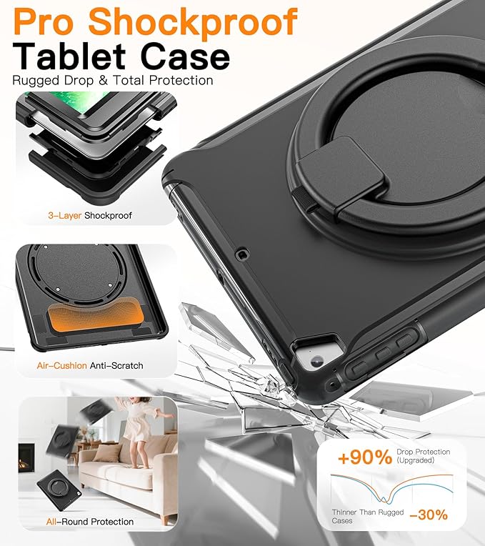 BATYUE Case for iPad 6th Generation 9.7 inch 2018 iPad 5th Gen 2017 iPad Air 2/ iPad Pro 9.7'' Shockproof Protective Cover with Pencil Holder &ampRotating Kickstand for KidsBoysGirls Black