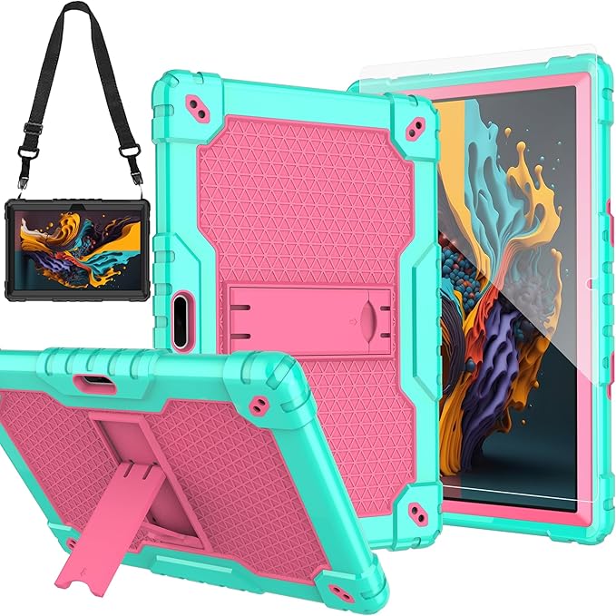 Case for Pritom M10 /quntiCO Y10 /Digiland DL1036 /Voger priorpad X100 /VUCATIMES N10/Gateway 10.1 HD Tab Case with Stand Rubber Hybrid Come with 9H Tempered Glass Film (Green/Pink/1 PC)