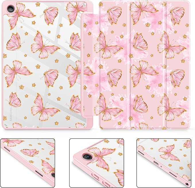 Tuiklol for Samsung Galaxy Tab A9+ Tablet 11” / A9+ Plus 2024 2023Buit-in S-Pen Holder with Clear Protective Cover Transparent Back Shell Auto Wake/Sleep Samsung Tab A9 Plus CoverButterfly Pink