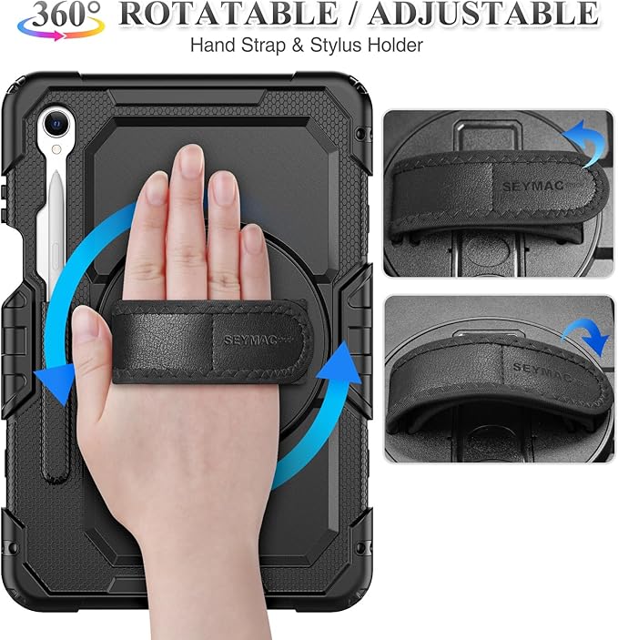 SEYMAC stock Case for Samsung Galaxy Tab S11 Tablet Case 11'' Protective with Screen Protector Pencil Holder 360 Degree Rotate Kickstand Hand Strap Shoulder Strap Black