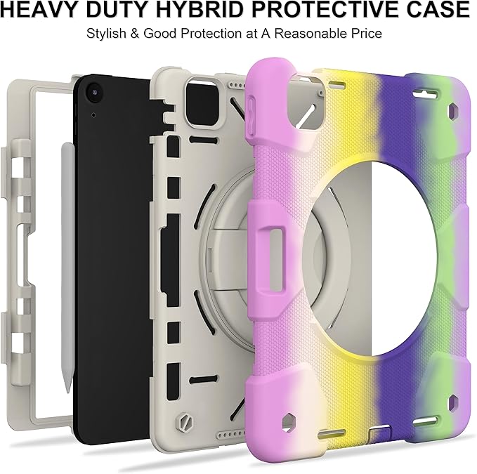 Case for iPad Air 11 inch M3 2025/ M2 2024 (Air 7th/6th Generation) Heavy Duty Shockproof Cover with Screen Protector/360° Rotating Stand/Pencil Holder/Shoulder Strap (Colorful Purple)