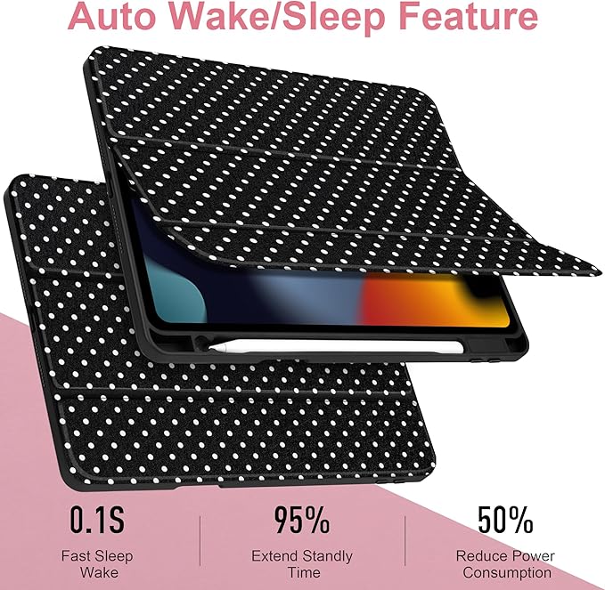 MEEgoodo Case for iPad 10.2 inchTablet Cases for iPad 9th Generation 2021/8th Gen 2020/7th Gen 2019 with Clear Acrylic Back Shell+Pencil Holder+Auto Wake/Sleep+Trifold Stand White Polka Dot