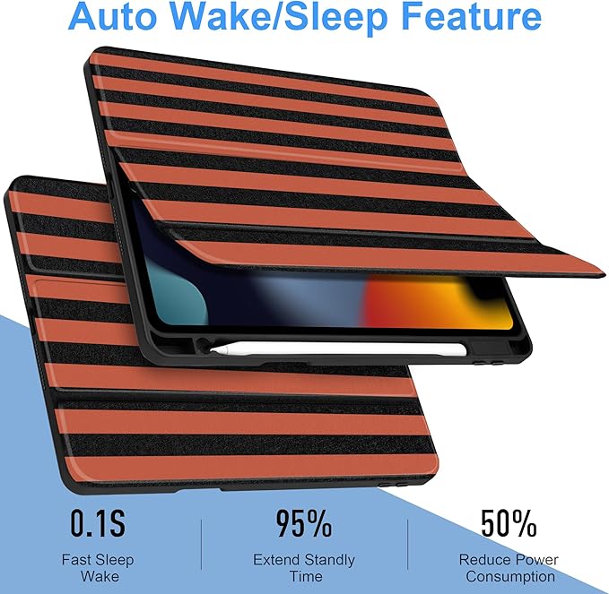 DONGKE for iPad 9th/8th/7th Generation Case 10.2 Inch (2021/2020/2019) [Auto Sleep/Wake &amp Pencil Holder] Clear Acrylic Back Trifold Stand Cover Orange Stripes