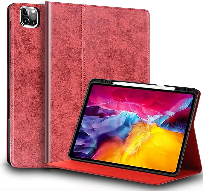 for Ipad Pro 12.9 inch 6th/5th/4th/3rd Gen Case 2022/2021/2020/2018 Genuine Leather Cover ProtectiveBuilt-in Pencil Holder and Auto Wake/Sleep.Red