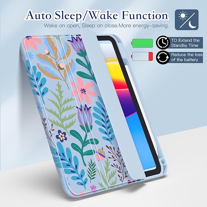 CISSOOK for iPad (A16) 11 inch Case 2025 /iPad 10th Generation 10.9 inch 2022 with Pencil Holder Trifold Stand with Soft TPU + PC Transparent Hard Shell Back Cover Blue Flora