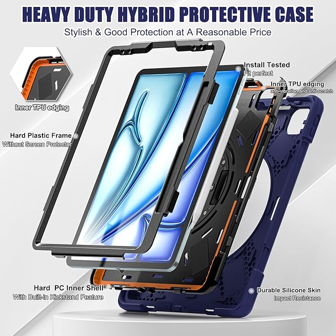 for iPad Air 13-inch M2 (2024) A2898/A2899 for iPad Pro 12.9 Rugged Case Portable Heavy Duty Shock-Proof Armor Cover with Swivel Kickstand/Hand Grip Shoulder Strap Pencil Holder (Navy)