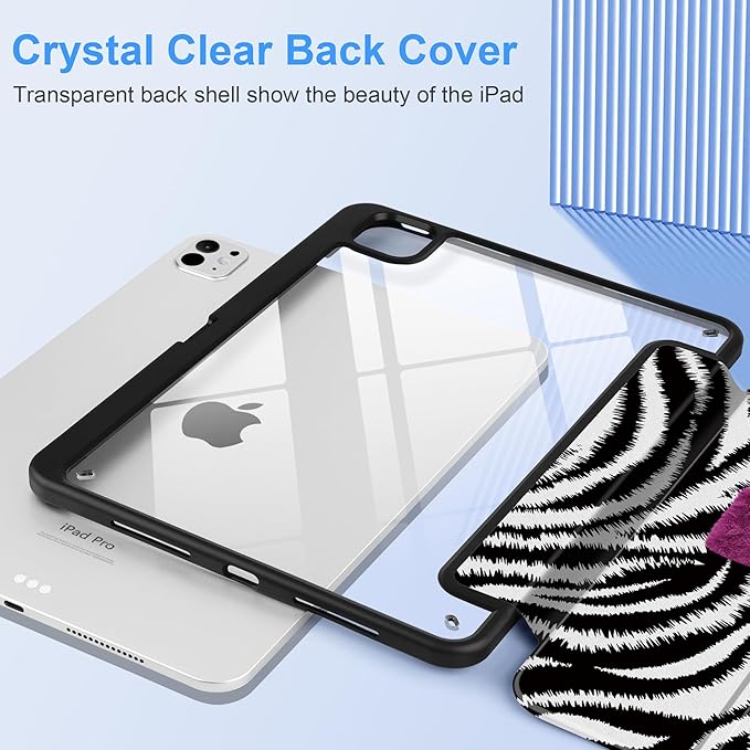 TWOLSKOO Case for iPad Pro 11-inch (M5 2025 / M4 2024) Clear Acrylic Back with TPU Bumper Pencil Holder Trifold Stand Auto Sleep/Wake Zebra Stripes