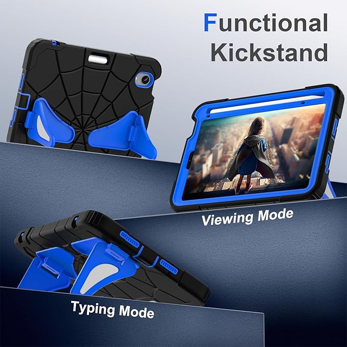 Kids Case for iPad mini 7 A17 Pro 2024/ Mini 6 8.3 inch Spider Case for iPad mini 7th 6th Generation Shockproof Durable Full Protective Cover with Pencil Holder Kickstand (Black+Blue)