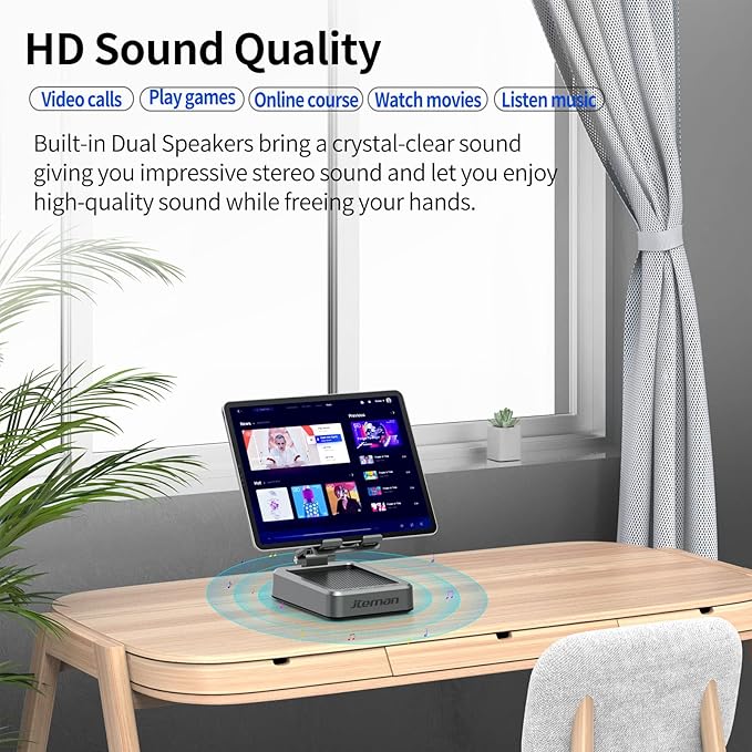 Jteman Wireless Bluetooth Speaker Tablet Stand Adjustable with Bluetooth SpeakersGifts for Women MenKitchen Gadget for MenCompatible with Phones and Tablet (4.0-12.9'') - Graphite