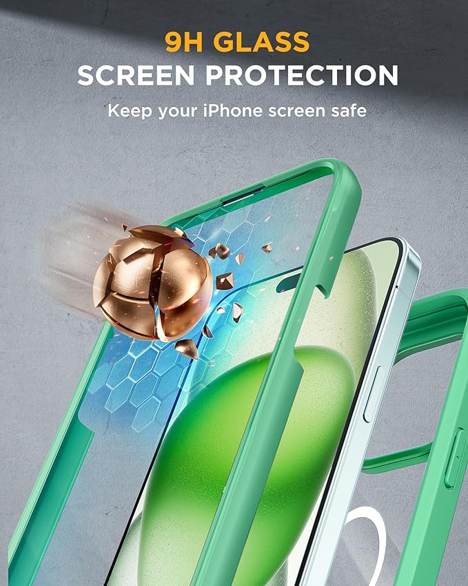 Miracase Magnetic for iPhone 15 Plus Case 6.7'' [Compatible with Magsafe] Full-Body Military Drop Proof 15 Plus Phone Case Cover with Built-in 9H Tempered Glass Screen ProtectorMagnetic Green | Magne