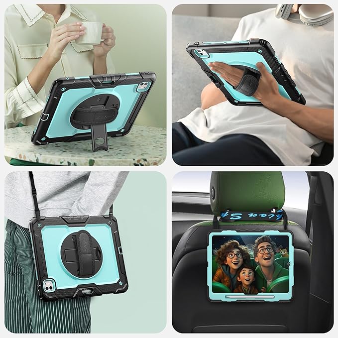 SEYMAC Case for iPad Pro 13 Inch M5 2025 / M4 2024 Heavy Duty Shockproof Protective Case with Screen Protector 360° Rotating Stand Hand/Shoulder Strap and Pen Holder Light Blue
