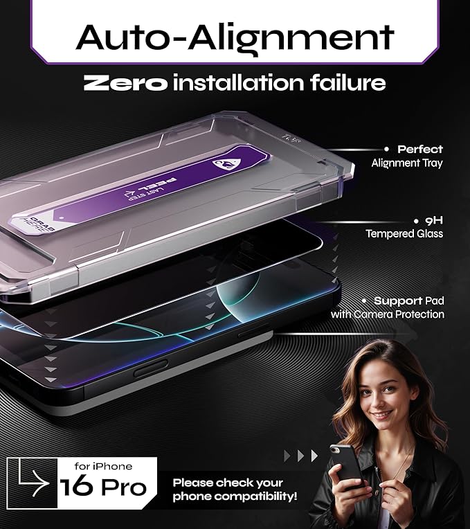 Defenslim for iPhone 16 Pro Privacy Screen Protector (2Pack) Easy Auto-Dust &amp Align Install Kit 6.3 Tempered Glass 9H Hardness Privacy Protection Case Friendly SpyShield