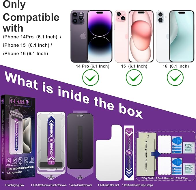 2 Pack Matte Privacy Screen Protector for iPhone 14 Pro/iPhone 15 / iPhone 16 9H Tempered Glass Full Coverage Anti-Fingerprint Auto Dust-Elimination No Bubble Easy Installation