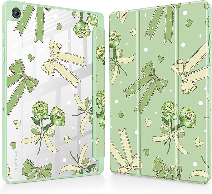 Tuiklol for Samsung Galaxy Tab A9+ Tablet 11” / A9+ Plus 2024 2023Buit-in S-Pen Holder with Clear Protective Cover Transparent Back Shell Auto Wake/Sleep Samsung Tab A9 Plus CoverBow &amp Rose Gree