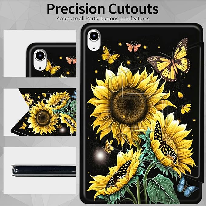 Case for iPad (A16) 11th Generation 11 Inch 2025/10th Generation 10.9 Inch 2022360 Degree Rotating Swivel Stand Protective Cover with Auto Wake/Sleep for iPad 10th 10.9Sunflower Butterfly