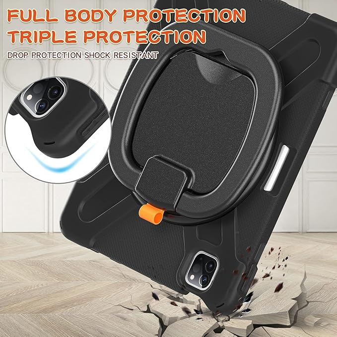 Batianda Case for iPad Air 11 inch 2025 2024 M3/M2 Chip Heavy Duty Rugged Durability Silicone Tablet Cover with 360° Rotating Ring Foldable Kickstand &amp Shoulder Strap Black