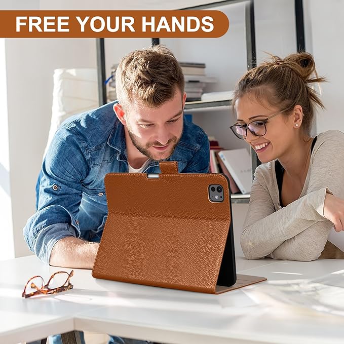 Genuine Leather Case for iPad Pro 11 inch Case (M5) 2025 / (M4) 2024 | with Pencil Holder and Adjustable Stand Magnetic Closure Auto Wake/Sleep Cover | Brown