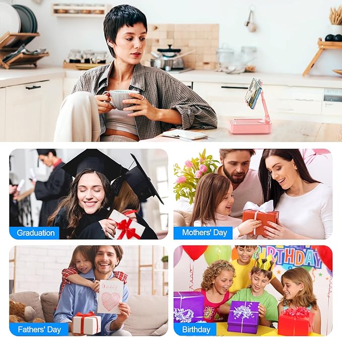 TechGlow Gifts for Men Women Foldable Cellphone Stand with Bluetooth Speaker and Charging Function 360° Rotatable Phone Stand Birthday Gift Idea for Mom Dad Cool Tech Gifts-Pink