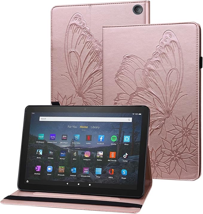 for Amazon Kindle Fire HD 10 &amp HD 10 Plus Case 13th/11th Generation 10.1 inch 2023/2021 Folio Stand Embossed PU Leather Wallet Cover with Pencil Holder/Card Pockes Rosegold Flower Butterfly
