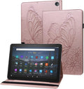for Amazon Kindle Fire HD 10 &amp HD 10 Plus Case 13th/11th Generation 10.1 inch 2023/2021 Folio Stand Embossed PU Leather Wallet Cover with Pencil Holder/Card Pockes Rosegold Flower Butterfly