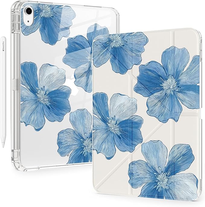 Cute Blue Flower for iPad (A16) 11th/10th Generation Case 11 Inch/10.9 Inch 2025/2022 with Pencil Holder Auto Sleep/Wake White Leather Acrylic Back Detachable Cover