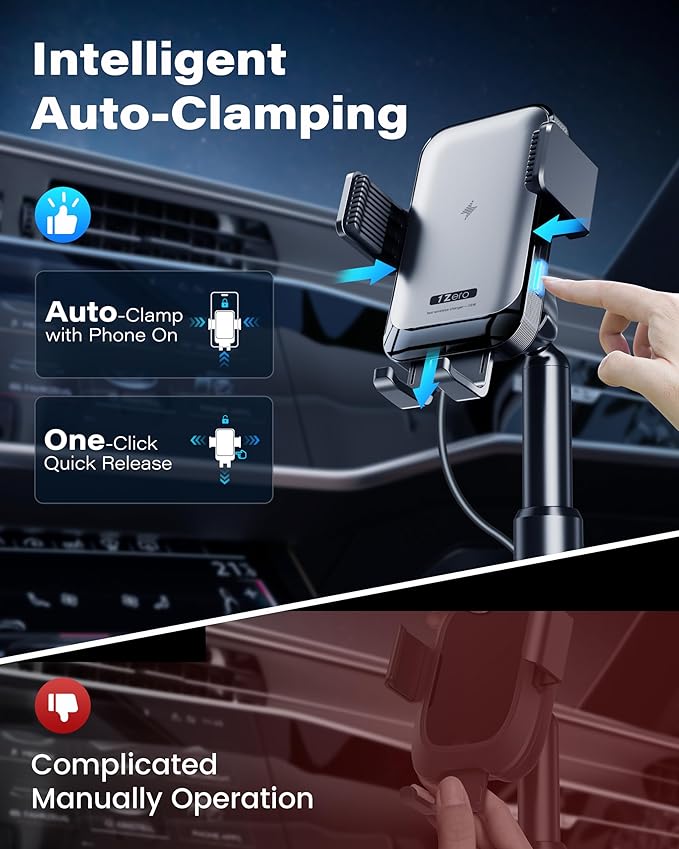 1Zero Auto Clamping Wireless Car Charger Sturdy Cup Phone Holder Mount 15W Fast Charging for iPhone 16 15 Pro Max Plus 14 13 12 11 XS X Samsung S24 Ultra S23 S22 S22 S21 S20 Pixel 8 Pro 7 6 5 4