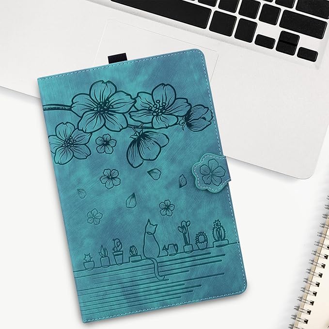Case for Samsung Galaxy Tab S10 FE+/S10 FE Plus 13.1 Inch 2025 (SM-X620/SM-X626B) with Pencil Holder/Pockets Folio Stand Embossed Cherry Blossom PU Leather Magnetic Wallet Cover Green Cat