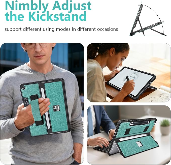 Protective Case for Microsoft Surface Pro 12 inch 2025 | Fall-Resistant Cover with Hand Strap | Compatible with Built-in Kickstand &amp Magnetic Slim Pen Storage &amp Type Cover Keyboard | Cyan