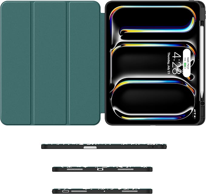 Soke Case for New iPad Pro 13 Inch (M5/M4 2025/2024 Release) with Pencil Holder Trifold Stand Shockproof [Support Apple Pencil Charging + Auto Wake/Sleep] Soft TPU Back Cover Book Teal
