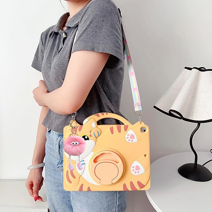 3D Cute Vivid Cat Case for iPad 9th/8th/7th 10.2 inch/Air 3rd 2019 /Pro 2017 10.5 inchKawaii Cartoon Character Pretty Cat Soft Silicone Rotating Stand Case with Lanyard for Kids Teens Girls Women