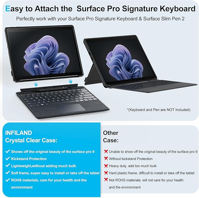 INFILAND Surface Pro 11/10/9 Case Crystal Clear Multi-Angle Shockproof for Microsoft Surface Pro 11th Edition AI 2024 Work with Surface Pro Signature Keyboard &amp Slim Pen 2 Mysterious Black