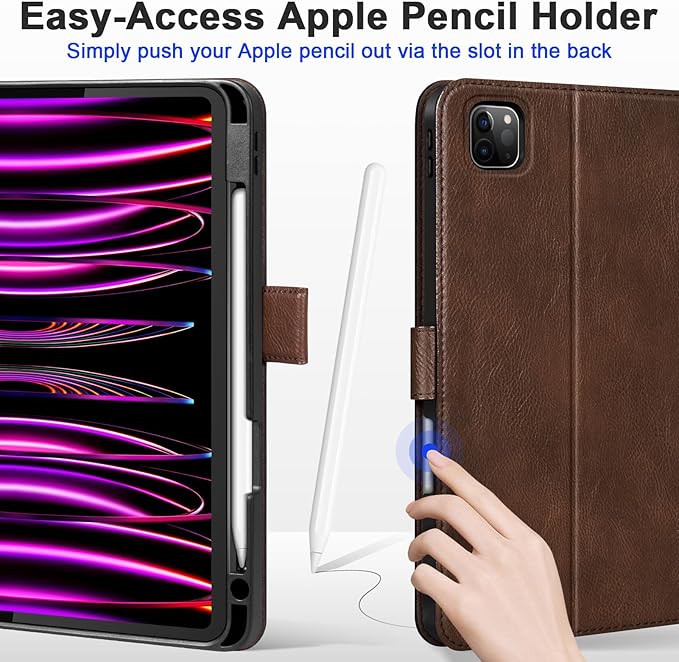Genuine Leather Case for iPad Pro 11 Inch 4th-1st Gen 2022/2021/2020/2018 Premium Folio Cover with Pencil Holder Auto Wake/Sleep Adjustable Stand Wear-Resistant Protective Case - Dark Brown
