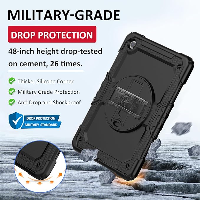 Ambison Case for Samsung Galaxy Tab A9+ Plus 11'' 2023 [Kids Proof] Full Body Protective Case with 9H Tempered Glass Screen Protector 360° Rotatable Kickstand &amp Hand Strap (Black)
