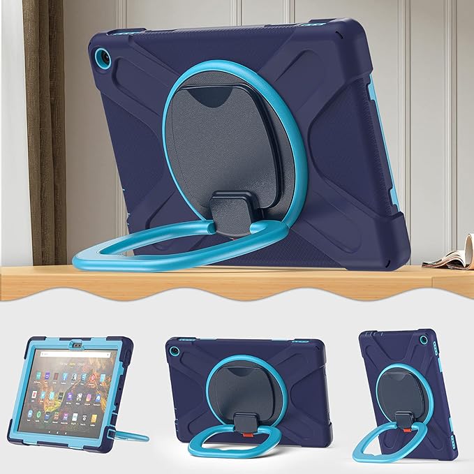 360 ° Rotation Portable Case for Fire HD 10 2023 10.1 inch Tablet Rugged Case Rotating Stand Hand Strap Shoulder Carrying Strap Outdoor CoverNavy+Blue