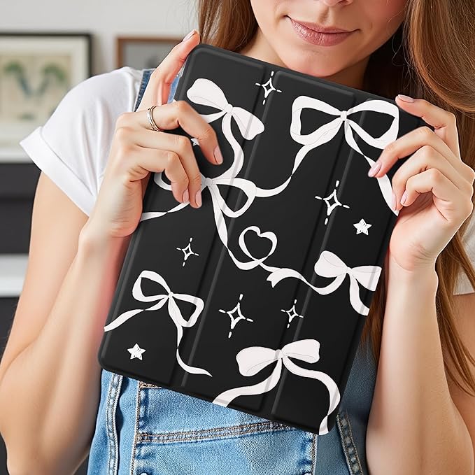 Idocolors Case for iPad 11 inch (A16 Chip) 2025 Generation 11th / iPad 10.9 inch 2022 10th Gen Built-in Pencil Holder with Soft TPU Shockproof Back Shell Auto Wake/Sleep White Ribbon Bow-Black