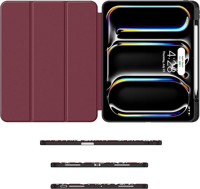 Soke Case for New iPad Pro 13 Inch (M5/M4 2025/2024 Release) with Pencil Holder Trifold Stand Shockproof [Support Apple Pencil Charging + Auto Wake/Sleep] Soft TPU Back Cover Book Wine